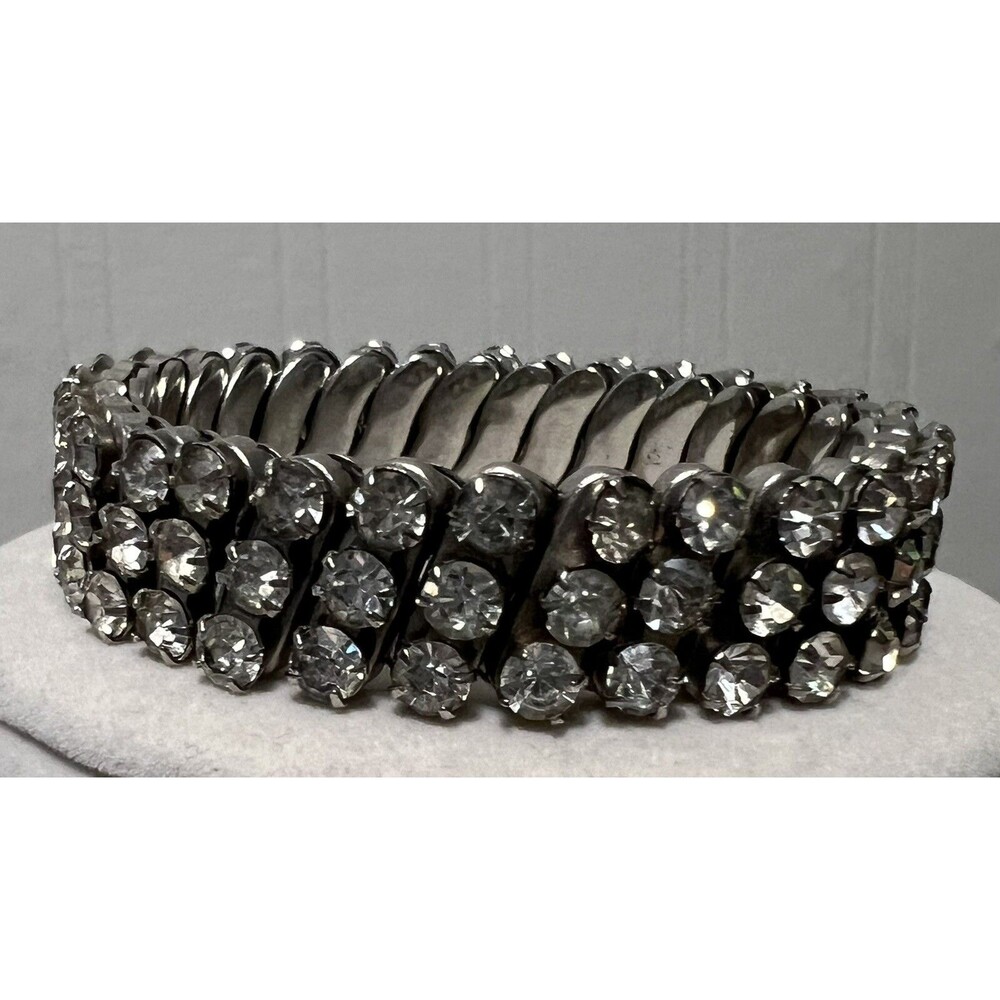 Vintage Accordian Silver Tone Rhinestones Stretch Chunky Bracelet